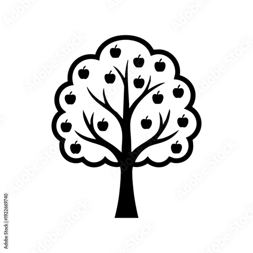 Single apple tree with visible round fruits on branches, balanced composition