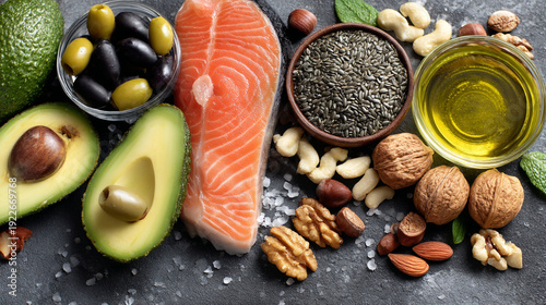 Healthy fats and proteins: salmon, avocado, olives, nuts, and seeds on a dark background