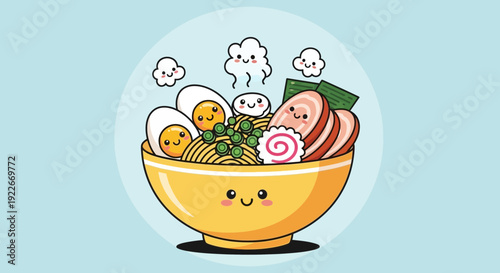 Cartoon ramen bowl illustration with smiling food characters and steam