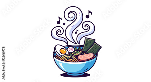 Cartoon ramen bowl illustration with steam and musical notes on white background