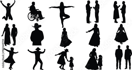 People Silhouette Collection Showing Diverse Human Activities Including Dancing, Family Interaction, Communication, Celebration, Lifestyle Movement and Social Interaction Concepts
