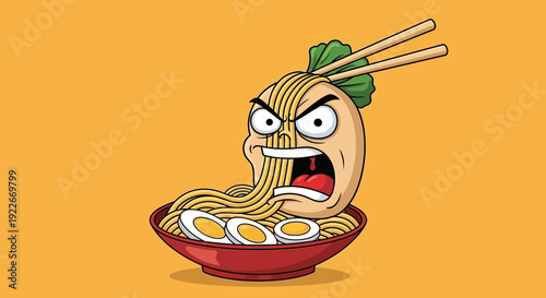 Cartoon ramen bowl with animated facial expression and chopsticks isolated