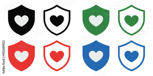 Heart shield icons colorful symbols representing protection, care, and security, flat vector illustration