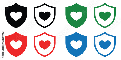 Heart shield icons colorful symbols representing protection, care, and security, flat vector illustration