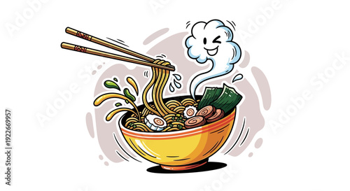 Cartoon ramen bowl with chopsticks food illustration on white background