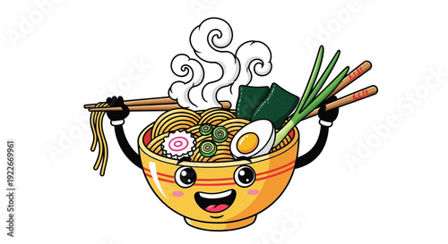 Cartoon ramen bowl with chopsticks holding noodles and vegetables