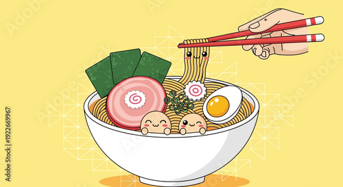 Cartoon ramen bowl with chopsticks food illustration on yellow background