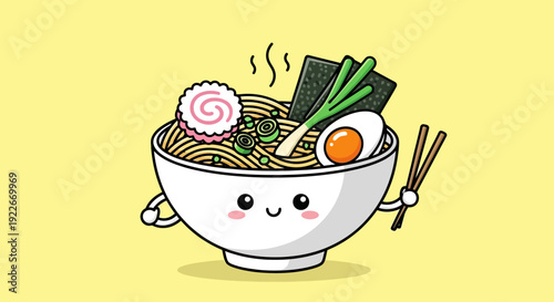 Cartoon ramen bowl with chopsticks food illustration on a yellow background