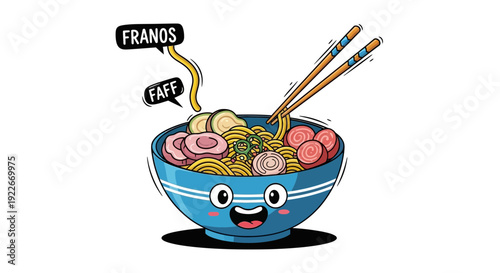 Cartoon ramen bowl with chopsticks illustration on white background