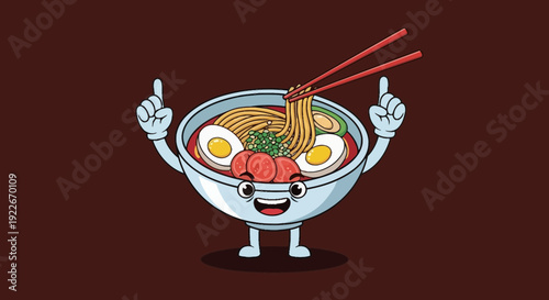 Cartoon ramen bowl with chopsticks pointing upwards on a dark red background