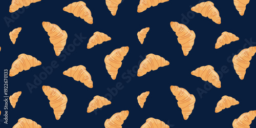 Classic French croissants seamless pattern on dark blue background