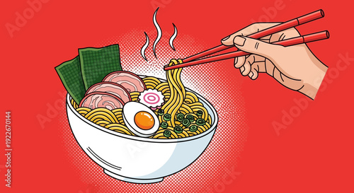 Cartoon ramen bowl with chopsticks reaching for noodles against red background