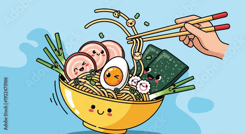 Cartoon ramen bowl with chopsticks smiling food colorful vector illustration