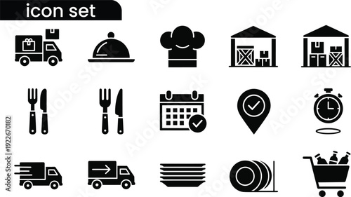 Black and white icon set for business and food delivery services
