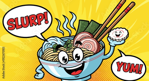 Cartoon ramen bowl with chopsticks smiling and speech bubbles on yellow