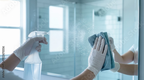 Person cleans mirror using spray bottle and cloth in bathroom. Bright room filled with natural light, fresh and tidy space. Concept of cleaning services, home maintenance, hygiene