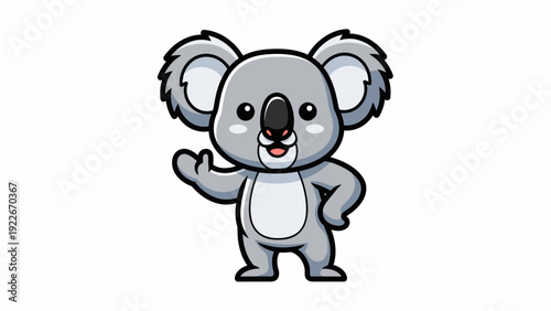 A cheerful cartoon koala waving with one hand on a clean white background with a friendly and approachable mood.