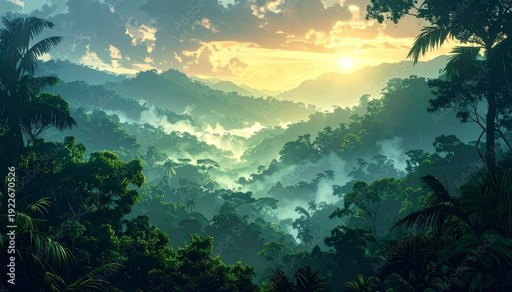 Obraz premium Dramatic tropical jungle valley with golden sunrise mist and lush greenery landscape