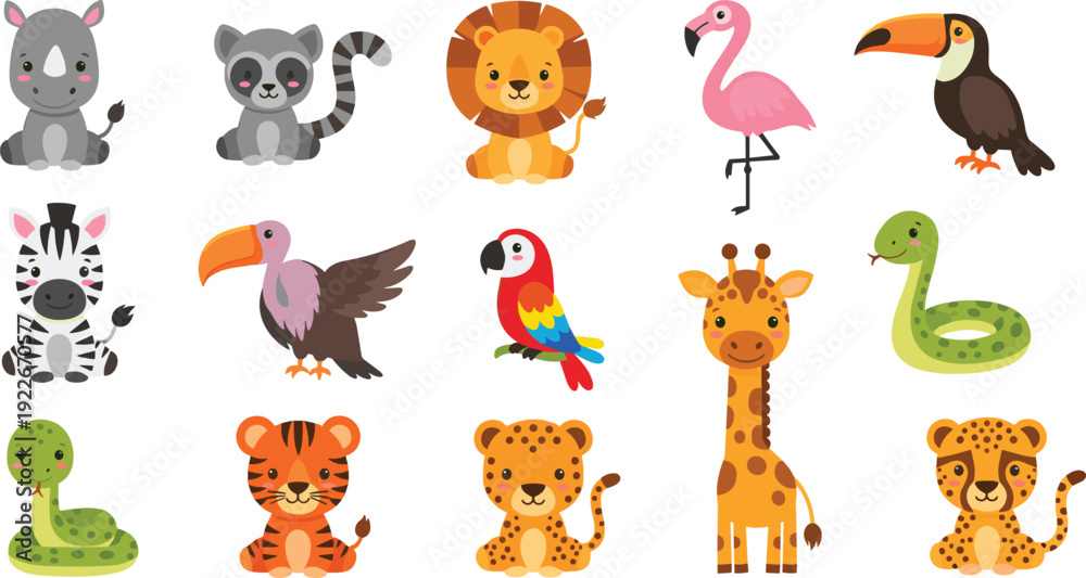 Fototapeta premium Cute wild animal cartoon collection with lion giraffe tiger leopard snake flamingo toucan raccoon and zebra vector illustration set.