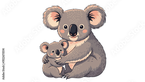 Illustration of an adult koala embracing a smaller koala with a cute expression against a clean white background.