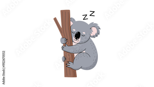 A cute cartoon koala sleeping while hugging a tree trunk with a peaceful expression and closed eyes on a white background.