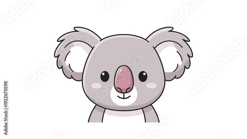 A cute cartoon koala with a pink nose and big ears looks directly at the viewer on a white background with a soft, playful mood.