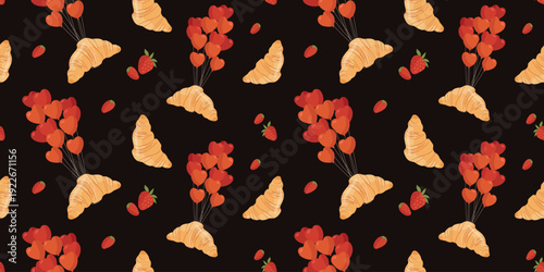 Valentine seamless pattern with croissants and hearts on dark backdrop