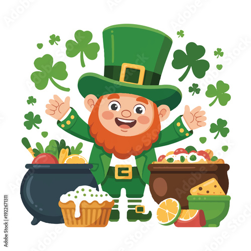 A happy leprleprechaun, St Patrick's Day, Irish, celebration, holiday, feast, traditional food, corned beef, cabbage, stew, soup, green hat, red beard, clover, shamrock, lucky, March, festive, culture