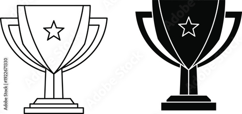Modern trophy cup icon set featuring outline and solid styles, award symbol illustration for achievement, winner recognition, competition and success concepts