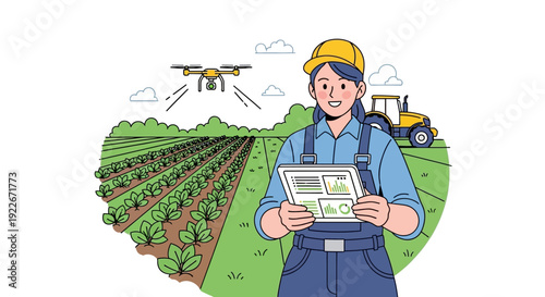 Smart Farming and AgriTech: Female Farmer uses Drone and Tablet to Analyze Crop Health and Implement Precision Agriculture Strategy.