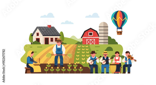 Flat Design Vector: Farmers Harvesting and Folk Musicians Playing at a Rural Countryside Celebration with Farmhouse and Hot Air Balloon