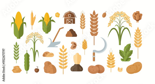 Agriculture and Harvesting Icons Set. Flat design collection of major cereal crops, vegetables, farm tools, and barn on white background.