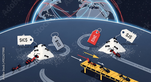Ants transport goods globally under trade tariffs in digital illustration world