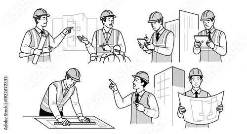 Architects and engineers in various poses, working on construction projects, blueprints, and designs.