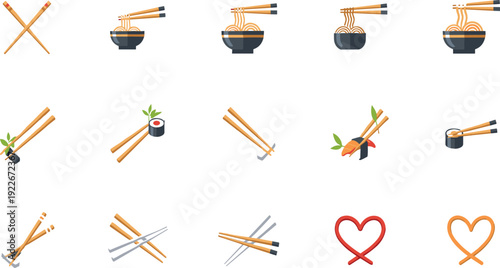 Chopsticks with sushi and ramen noodle bowl collection Asian food dining symbols flat vector illustration isolated set.