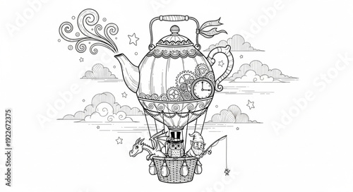 Steampunk teapot design with intricate details, floating in the sky, artistic illustration.