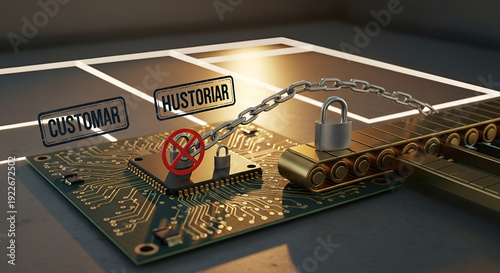 Global trade issues restrict microchip manufacturing through chains and locks on integrated circuits.