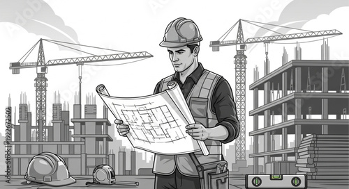 Construction worker carefully examines blueprints on a building site, focused and professional.