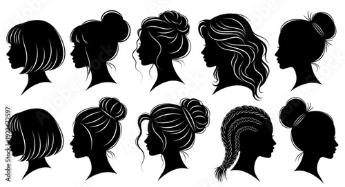 Silhouettes of women with various hairstyles, showcasing different hair designs and shapes.