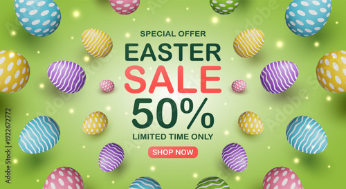 3D vector illustration of floating colorful Easter eggs on green background. Concept for special offer Happy Easter sale 50 percent off discount promotion limited time banner template.