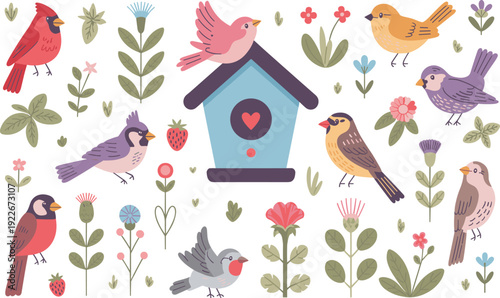 Cute colorful birds and birdhouse illustration set, flat cartoon spring woodland design with flowers, leaves, strawberries elements