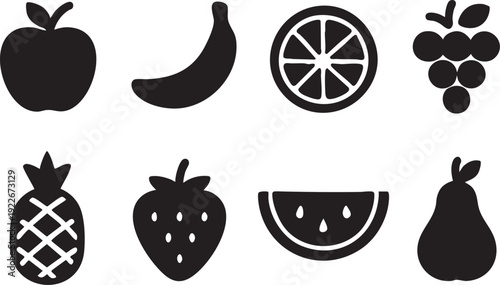 eight black and white fruit icons on white background