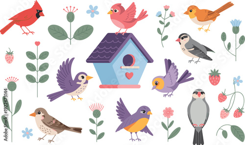 Cute colorful birds and birdhouse set, flat cartoon spring woodland illustration with flowers, leaves, strawberries, nursery design