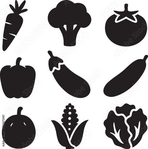 black silhouettes of various vegetables on white background