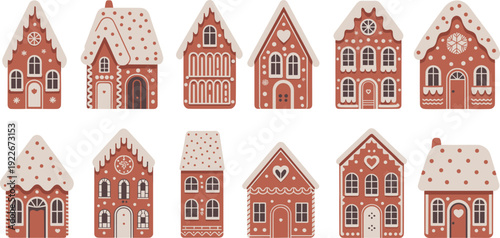 Cute gingerbread house collection, festive Christmas cookie homes set, winter holiday bakery illustration, flat cartoon vector design