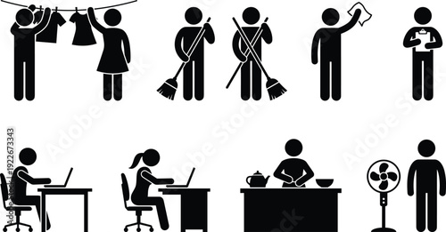 Household Daily Activities Silhouette Set Featuring Cleaning, Cooking, Working, Laundry and Home Lifestyle Routine Icons for Domestic Life Concepts