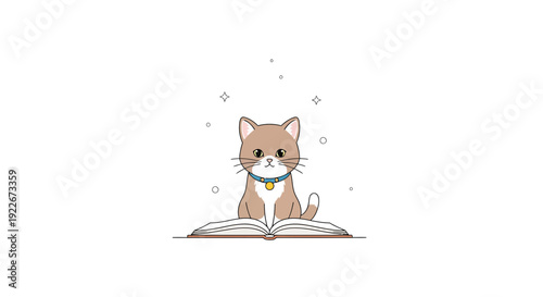 Cute cartoon cat sitting on an open book, studying or reading with sparkles