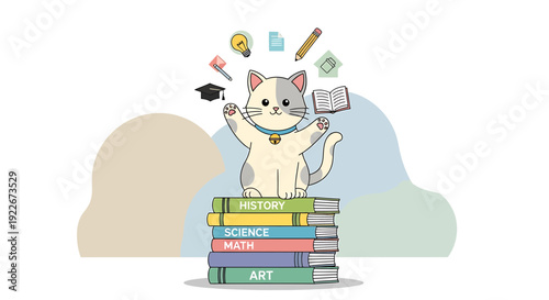 Cute Cat with School Supplies and Books, Education Concept