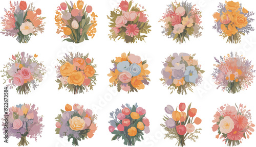 Watercolor floral bouquet collection, pastel spring flowers arrangement set, romantic vintage botanical illustration isolated on white background