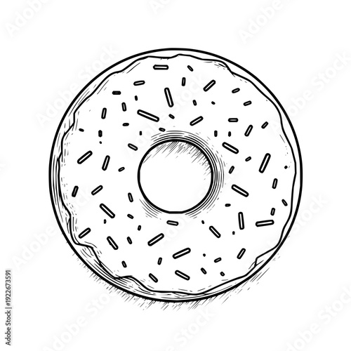A hand drawn donut with sprinkles and a hole in the middle on a white background in a sketch style